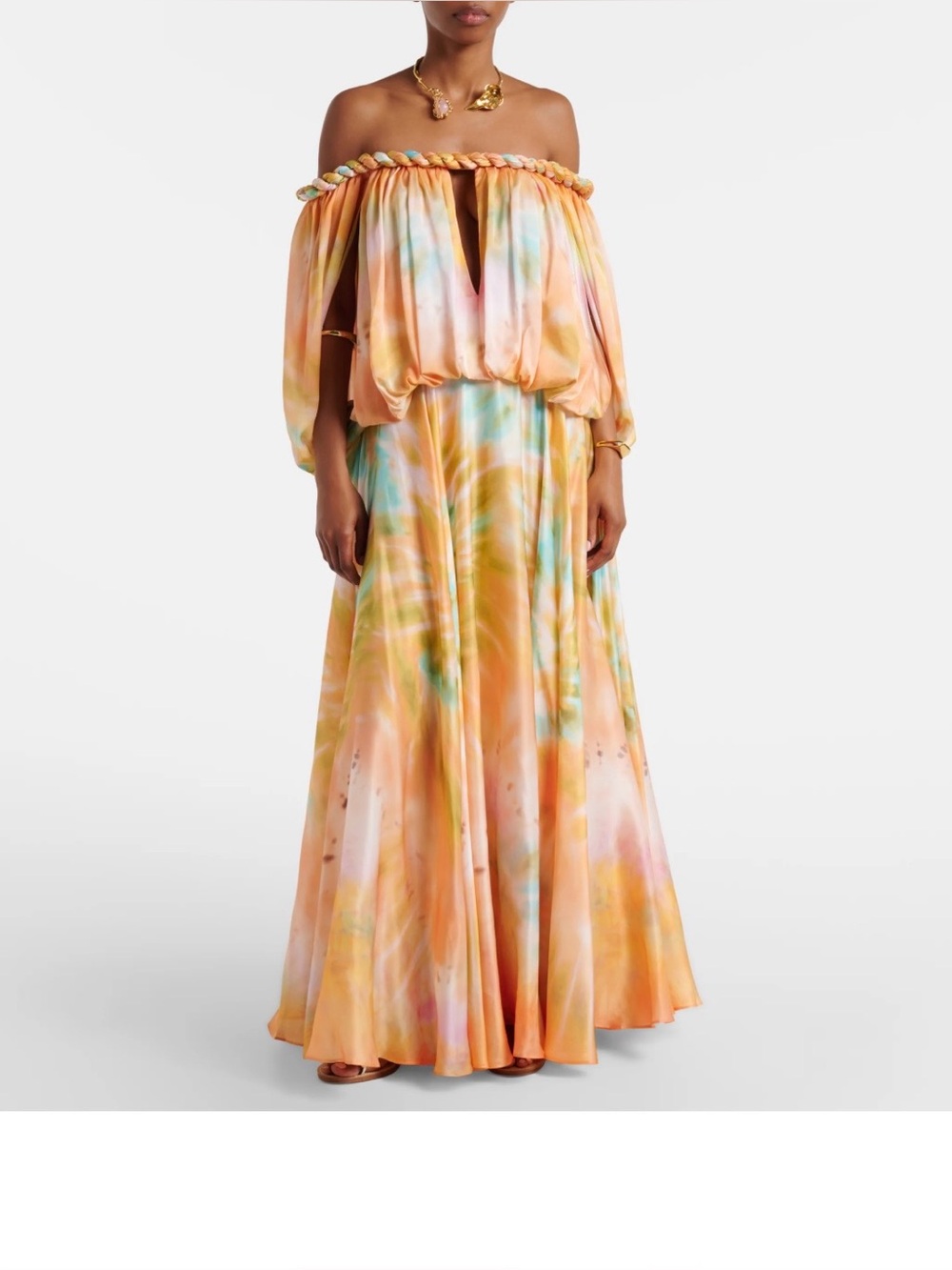 Zimmermann Pastel Tie-Dye Off-Shoulder Maxi Dress in Peach, Mint & Cream